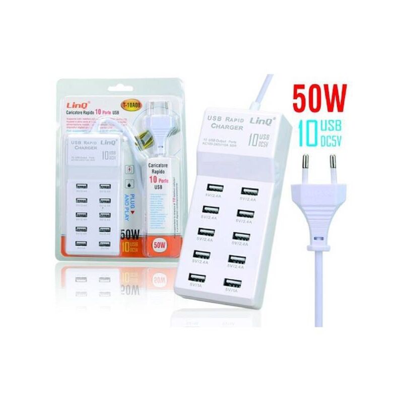 Trade Shop - Multipresa Caricatore Rapido 50 Watt A 10 Porte Usb Dc5v  T-10a08 Per Smartphone