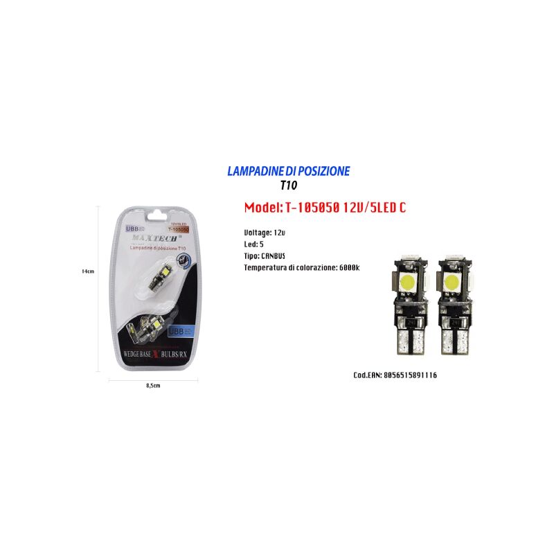 Trade Shop - Lampadine Di Posizione T10 Maxtech T-105050 12v / 5led C Ultra  Luminose Canbus