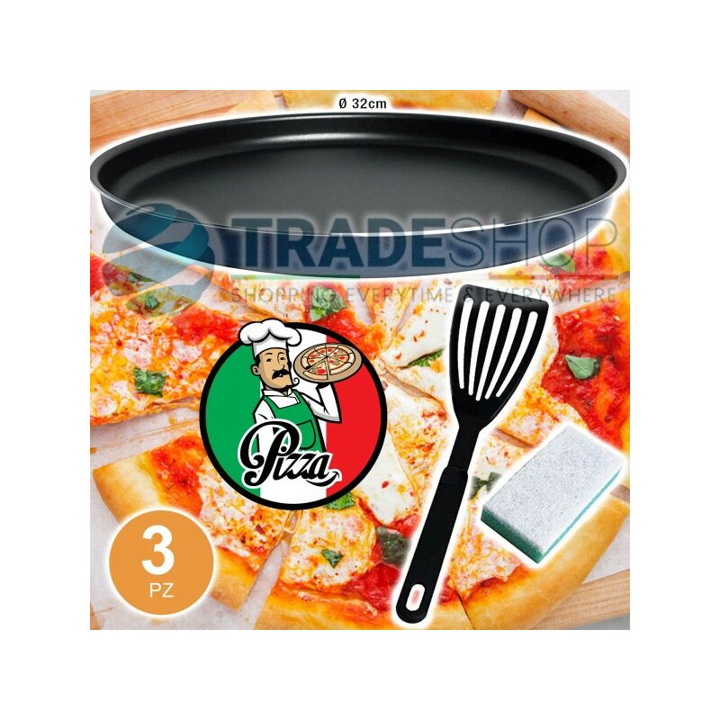 KIT 3 PZ PER PIZZA FATTA IN CASA COMPOSTO DA TEGLIA DA 32CM PALETTA E  SPUGNETTA