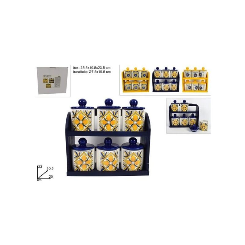 Trade Shop - Set 6 Pz Barattoli In Ceramica Decorata Fantasia Decoro  Maiolica Con Espositore