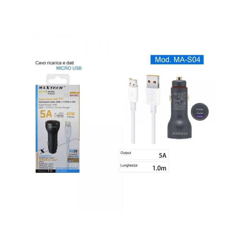 Trade Shop - Kit Caricatore Auto Usb Ricarica Rapida 40 W 5a Cavo Dati Micro  Usb 1