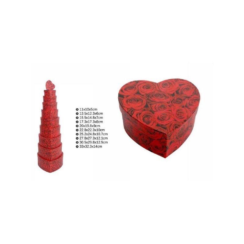 Trade Shop - Set 10 Pz Scatole Box Regali Varie Misure Matrioska Forma  Cuore Rose Rosse 71967