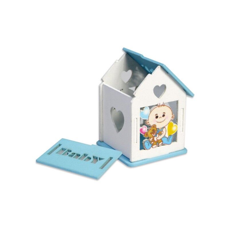 Casetta espositore con 24 scatoline portaconfetti azzurre Baby