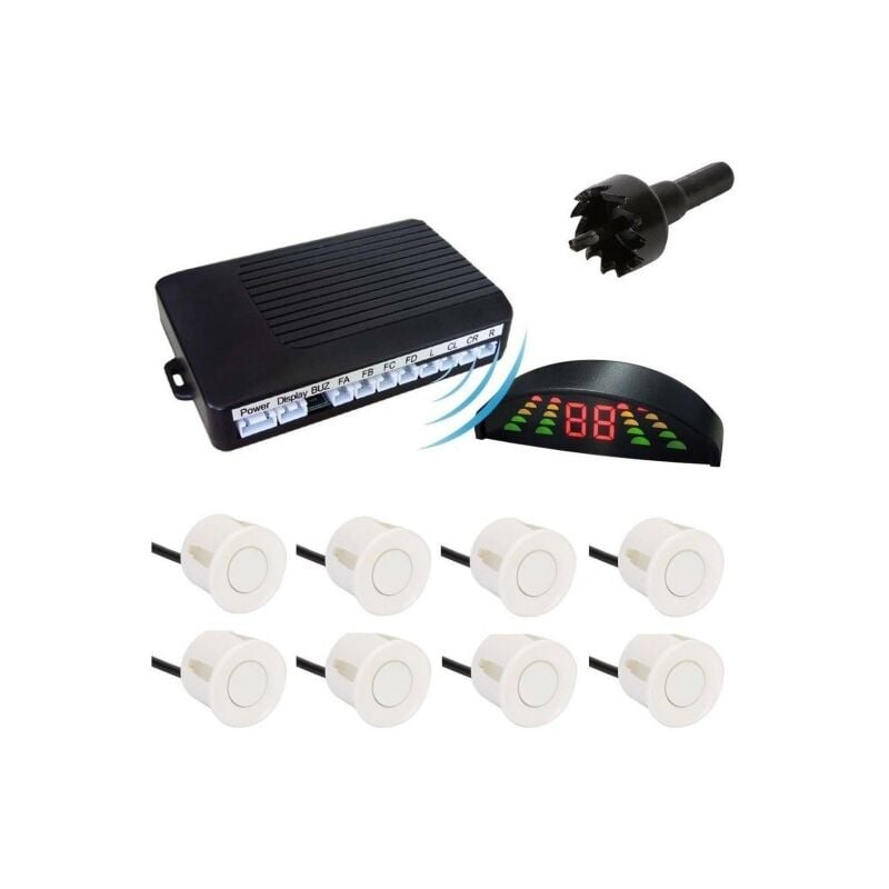 Trade Shop - Kit 8 Sensori Di Parcheggio Bianchi Con Centralina Display Led  Suono Acustico