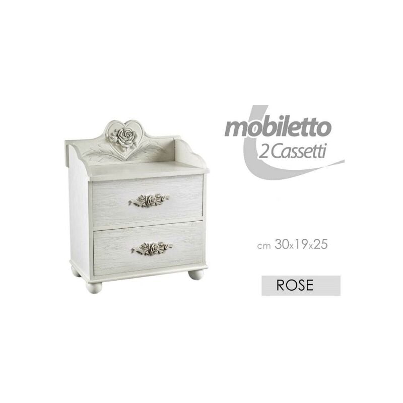 Trade Shop - Mobiletto 2 Cassetti Legno Porta Oggetti Comodino Rose  30x19x25cm Bianco 574665