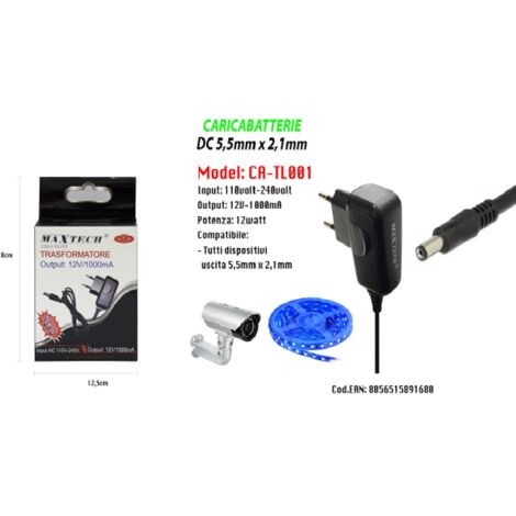 Trade Shop - Caricabatterie Dc 5,5mm X 2,1mm Trasformatore Output 12v/1000ma  Maxtech Ca-tl001