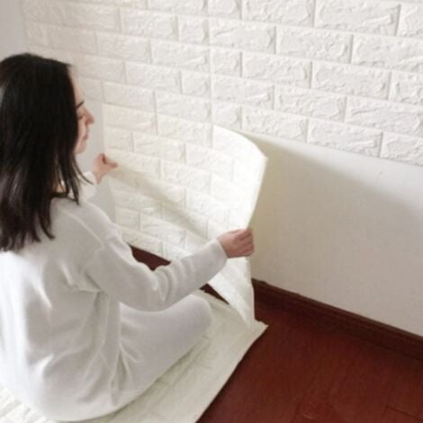 Trade Shop - Pannello Adesivo Per Parete Decorazione Effetto Pietra Muro 3d  70 X 60 Cm Bianco