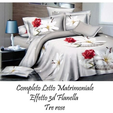 Trade Shop - Completo Da Letto In Flanella Effetto 3d Lenzuolo Con Federe  Copricuscini Rose