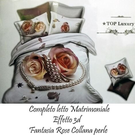 Trade Shop - Completo Letto 3d Lenzuola Matrimoniale Sotto Sopra  Copricuscini Rose Con Perle