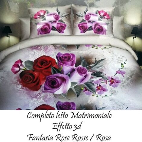 Trade Shop - Completo Letto 3d Lenzuola Matrimoniale Sotto Sopra  Copricuscini Rose Rosse