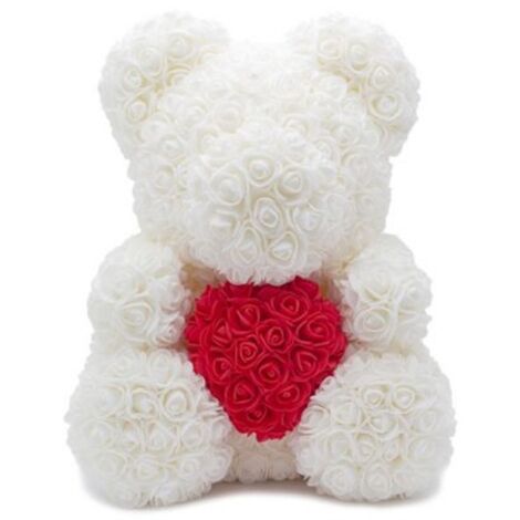 ORSACCHIOTTO ORSETTO ORSO DI ROSE CON FIORI DA 40CM BIANCO CON