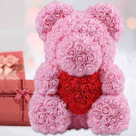 Trade Shop - Orsacchiotto Orsetto Orso Di Rose Con Fiori Da 40cm Colore Rosa  Con Cuore Rosso