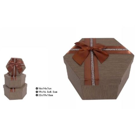Trade Shop - Set 3 Pz Scatole Box Per Regali Varie Misure Esagonali Marrone  Con Fiocco 69353