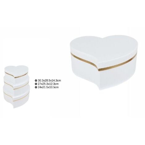 Trade Shop - Set 3pz Scatole Box Regali Varie Misure Matrioska Forma Cuore  Storto Bianco 71931