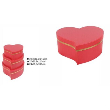 Trade Shop - Set 3pz Scatole Box Regali Varie Misure Matrioska Forma Cuore  Storto Rosso 71934