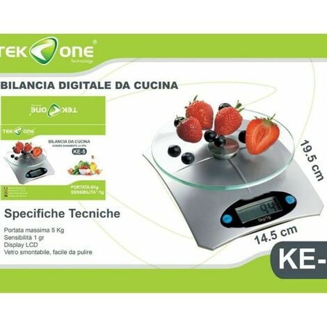 Trade Shop - Bilancia Cucina Digitale Tekone Ke-5 5kg Alimenti Ripiano  Vetro Precisione