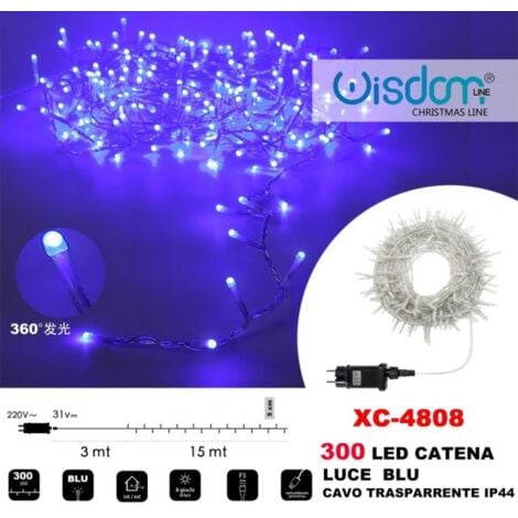 Trade Shop - Catena Luminosa 300 Luci Led Lucciole Luce Blu Cavo  Trasparente Ip44 Xc-4808