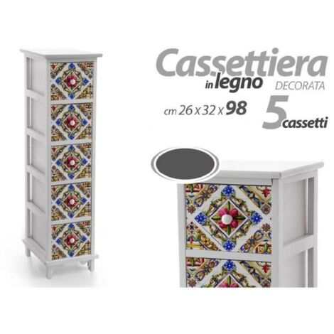 Trade Shop - Cassettiera 5 Cassetti Slim Decorata Salvaspazio Salotto  Camera 98x26x32cm 829413