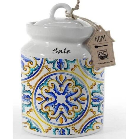 Trade Shop - Barattolo Sale Ceramica Ermetico Cucina Bianco Color  Mediterraneo 17x12cm 817113