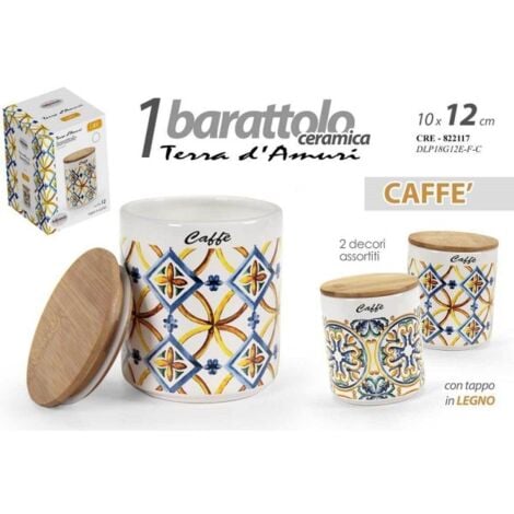 Trade Shop - Barattolo Ceramica Caffè Tappo Legno Ermetico Cucina Terra  D'amuri 12x10cm 822117