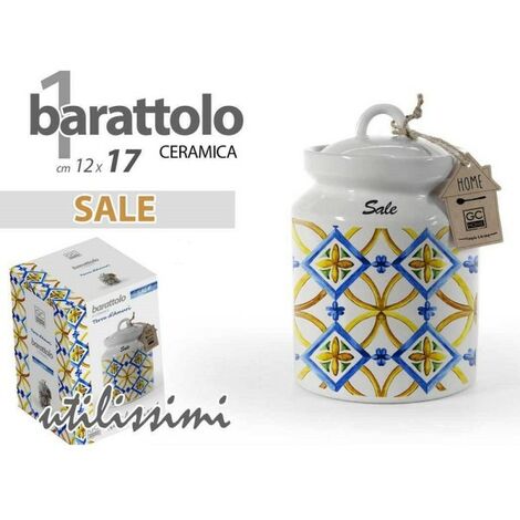 Trade Shop - Barattolo Sale Ceramica Ermetico Cucina Bianco Color  Mediterraneo 17x12cm 817052