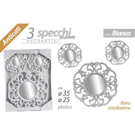 Trade Shop - Set 3 Specchi Parete Decorativi Anticati Bianco Specchio  Plastica 25-35cm 836886