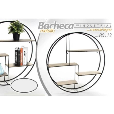 Trade Shop - Bacheca Porta Oggetti In Metallo Tonda Parete Mensole Legno  80x13cm Nero 763601