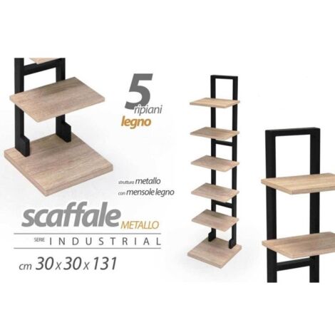 Trade Shop - Mobile Scaffale Moderno In Metallo 5 Ripiani Mensole In Legno  30x30x131cm 783180