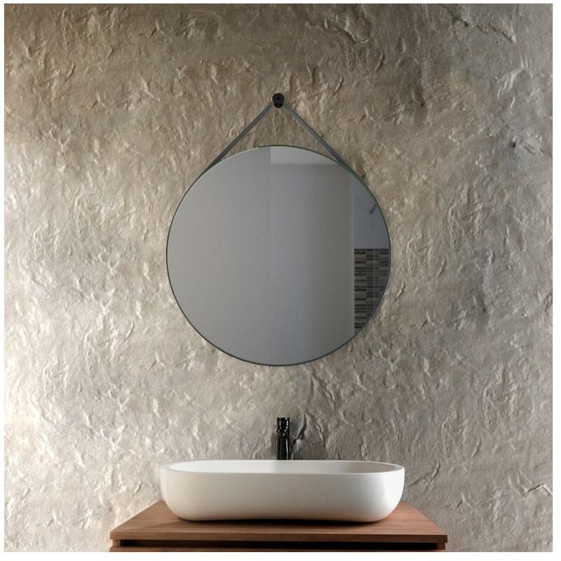 Mirta - specchio bagno tondo con cornice in ecopelle nera, dimensioni  diametro 60 cm