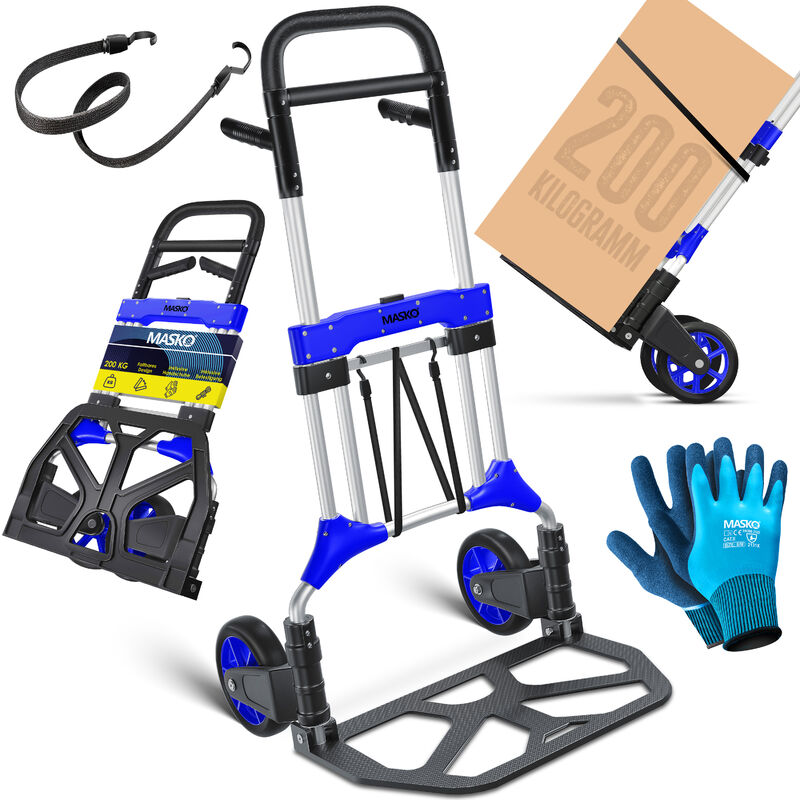 MASKO® Carretilla para sacos plegable 200 kg de capacidad de carga incl.  ruedas de goma maciza, + 2 cuerdas expansibles + guantes - Asa triple  regulable en altura - Gran superficie de carga Azul