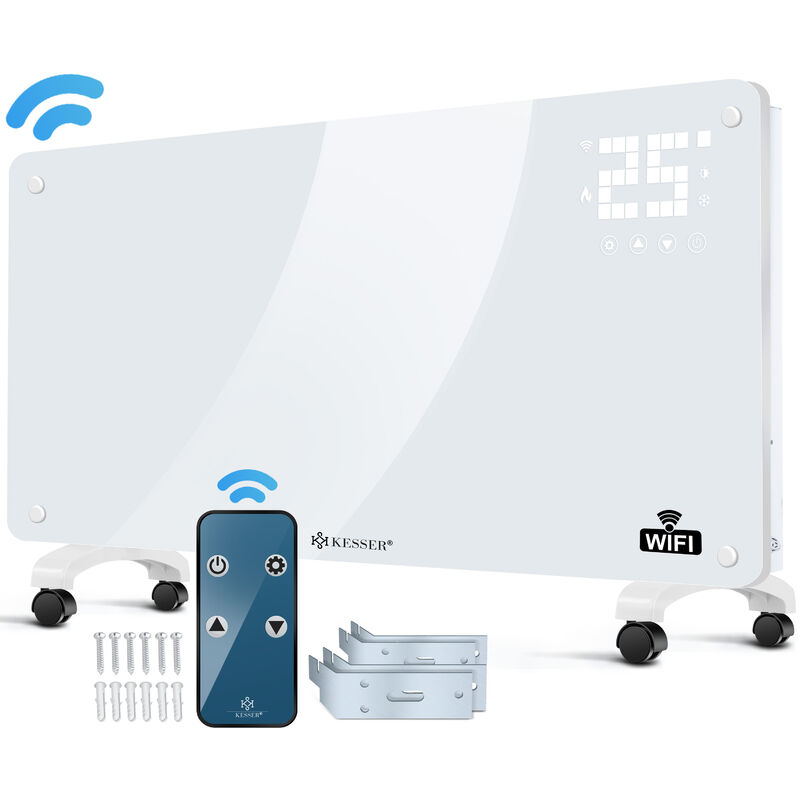 Kesser® Convector De cristal calefactor eléctrico app wifi incluye mando distancia pie calentador vidrio y soporte para radiador pantalla lcd tempori