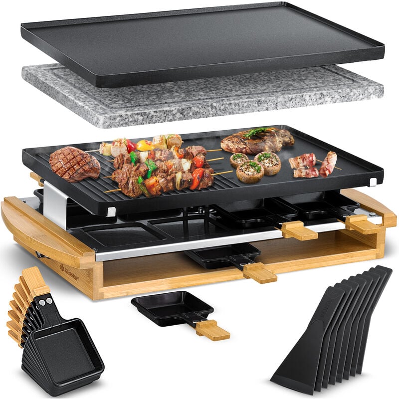 KESSER® el raclette grill con piedra de parrilla natural , placa de parrilla de mesa para 8 personas, parrilla eléctrica de raclette placa de parrilla con revestimiento antiadherente, 8 sartenes y espátula de madera 1200W. 8 Personen (de)