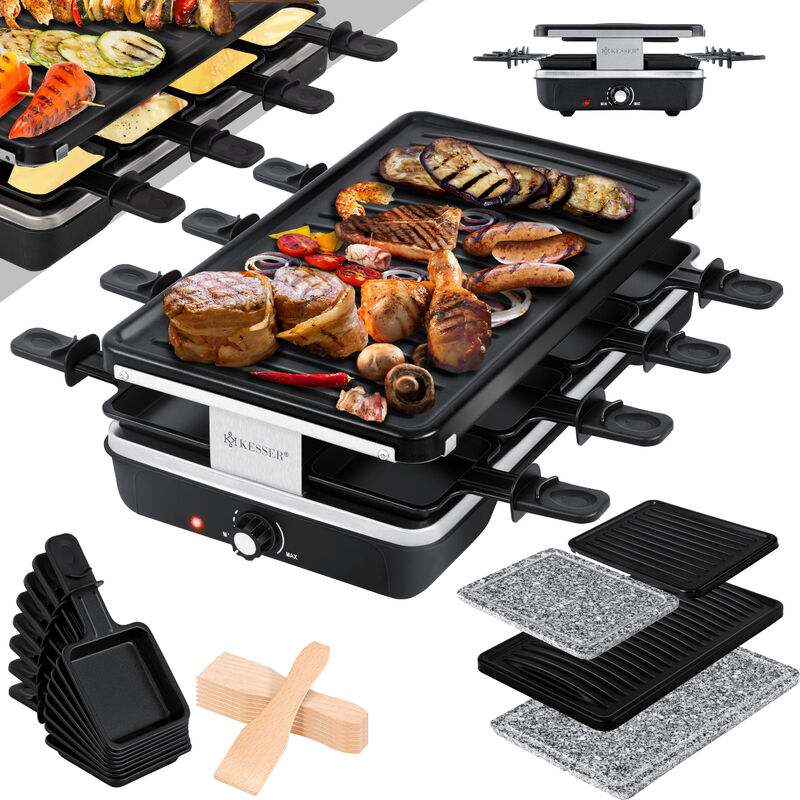 Raclette para 4 personas con placa de piedra, parrilla eléctrica de mesa,  piedra caliente, parrilla eléctrica con 4 sartenes, placa de parrilla  extraíble de 38 x 20 cm, antiadherente : : Hogar y cocina