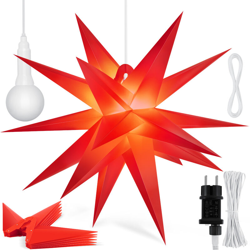 KESSER® estrella luminosa 3D, estrella de Navidad LED con temporizador para interior y exterior, estrella de Adviento Estrella colgante iluminada + luz blanca cálida 60cm (de), Rot / mit Timer (de)