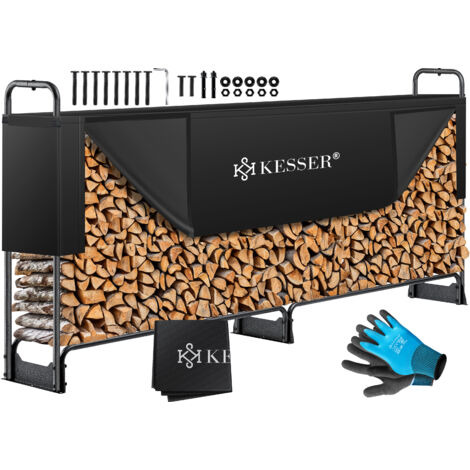 KESSER® Estante de leña estante de metal para leña fuera de marco de acero + cubierta y guantes de leña de 200kg impermeable de almacenamiento de madera de madera de ayuda de apilamiento Negro / 260