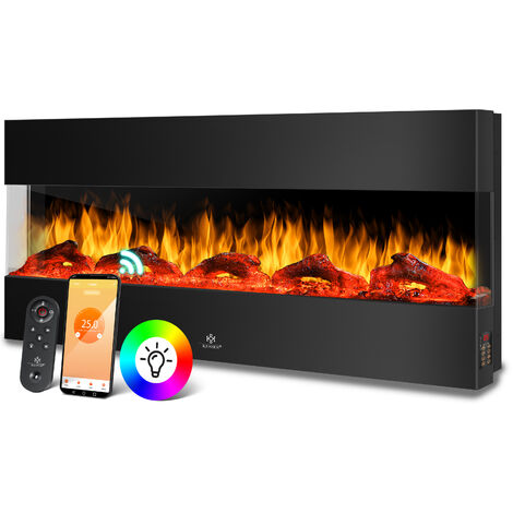 KESSER® Chimenea eléctrica de pared Chimenea eléctrica 3D con calefacción 9 modos de color Efecto de llama LED 900/1800 W Chimenea de pared y empotrada negro / 138 cm