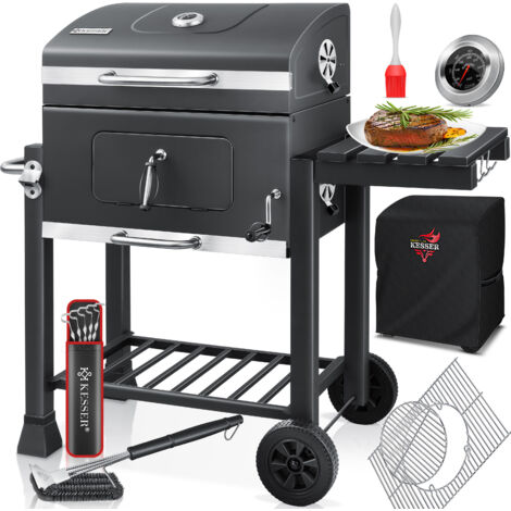 KESSER® BBQ Smoker XL Carro para Barbacoa de Carbón con Tapa, Ruedas, Mango de Acero Inoxidable, Termómetro, Parrilla, Cepillo, Tapa, 8 Brochetas con Bolsa y Cepillo de Silicona