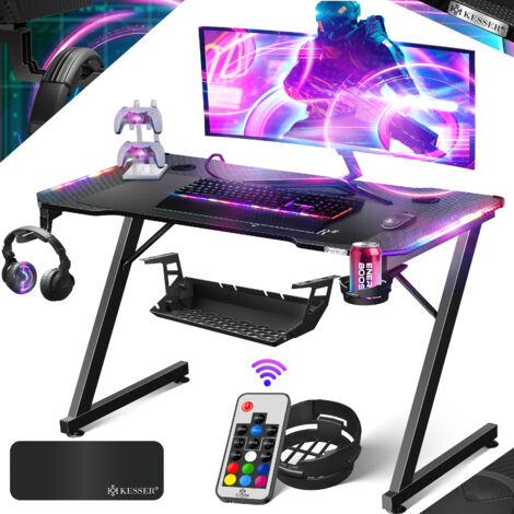 KESSER® Escritorio gaming Ultimate Escritorio de computadora con estructura en forma de Z Gancho para auriculares Mesa para computadora escritorio de PC ergonómico 100 x 60 cm Negro carbono con (1/5)