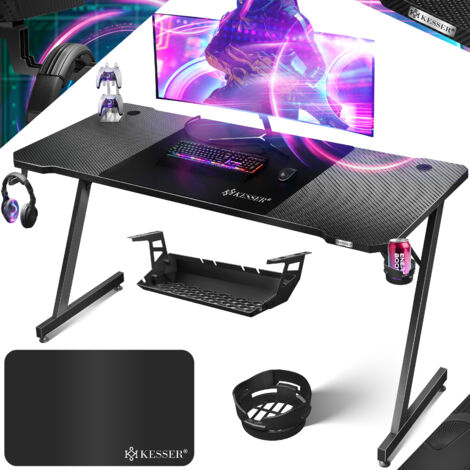 KESSER® Escritorio gaming Ultimate Escritorio de computadora con estructura en forma de Z Gancho para auriculares Mesa para computadora escritorio de PC ergonómico 160 x 60 cm Carbón negro (1/5)