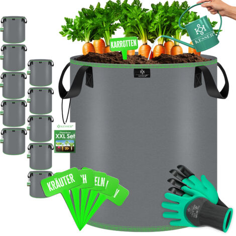 KESSER® Saco de cultivo 27 Litros - 10 de fieltro con etiquetas, ventana y asas – ideal para verduras, flores y frutas - Gris