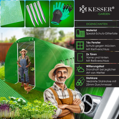 KESSER® Invernadero Estable con 6 Ventanas con mosquitera y Puerta, túnel de jardín con Marco de Acero galvanizado, 170 g/m², Incluye Guantes y Cuerdas, 200 x 300 cm, Color Verde KESSER® Invernadero Estable con 6 Ventanas con mosquitera y Puerta, túnel de jardín con Marco de Acero galvanizado, 170 g/m², Incluye Guantes y Cuerdas, 200 x 300 cm, Color Verde