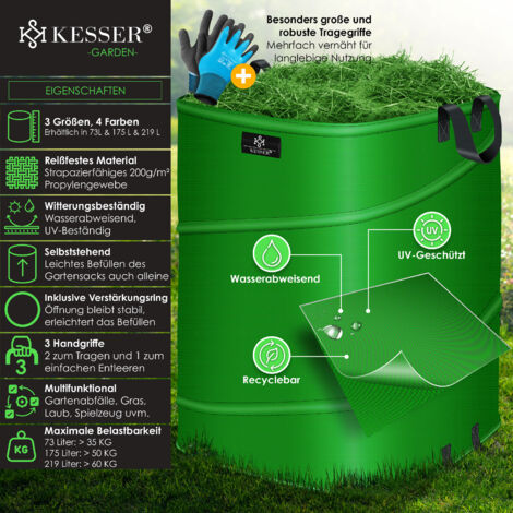 TTL GARDEN 2 sacchi per rifiuti da giardino Pop Up da 160 l, 220 g/m², 600D, Oxford, set da 2 pezzi, 160 litri, pieghevoli, extra stabili, sacco per foglie e contenitori per
