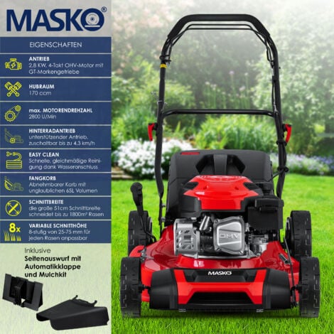 MASKO® 5en1 Cortacésped de gasolina con tracción trasera, función mulching, Easy Clean, altura de corte regulable en 8 niveles, anchura de corte 51cm