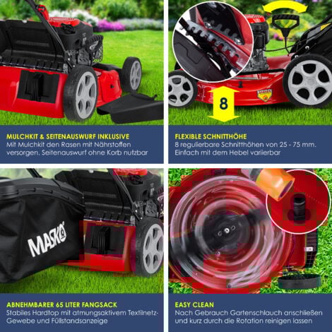 MASKO® 5en1 Cortacésped de gasolina con tracción trasera, función mulching, Easy Clean, altura de corte regulable en 8 niveles, anchura de corte 51cm