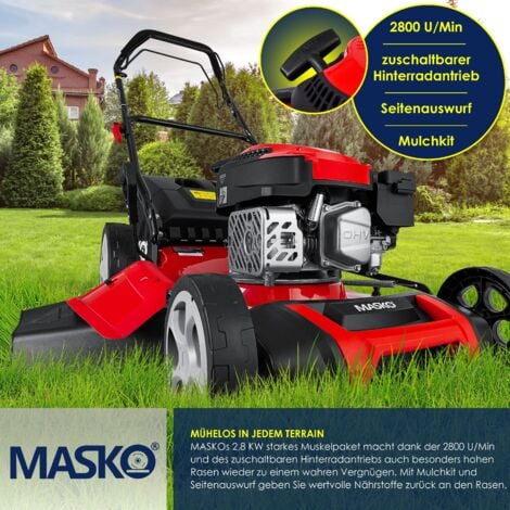 MASKO® 5en1 Cortacésped de gasolina con tracción trasera, función mulching, Easy Clean, altura de corte regulable en 8 niveles, anchura de corte 51cm