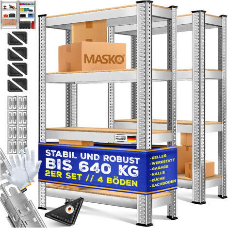 MASKO® Juego de 2 estantes de almacenamiento, Capacidad de carga hasta 875 kg, 4 ó 5 estantes regulables, Tableros MDF, Estantería metálica, Plateado-700kg / 2x 160x80x40cm 4 estantes