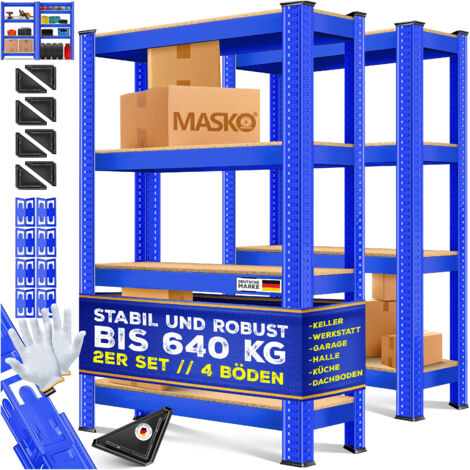 MASKO® Juego de 2 estantes de almacenamiento, Capacidad de carga hasta 875 kg, 4 ó 5 estantes regulables, Tableros MDF, Estantería metálica, Azul-700kg / 2x 160x80x40cm 4-estantes