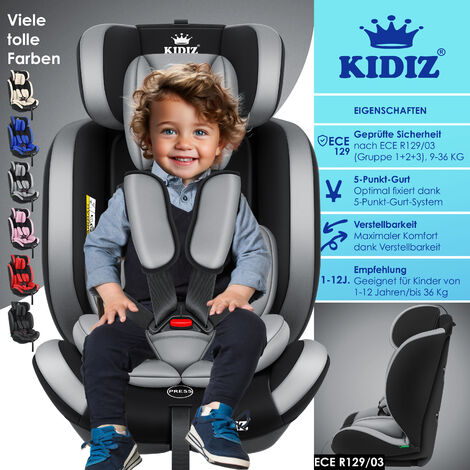 KIDIZ® Asiento de Coche para Niños  Asiento de Coche para Niños Grupo 1+2+3 9-36 kg arnés de Seguridad de 5 Puntos  Asiento de Coche para Niños  Reposacabezas Ajustable  Crece con el Niño