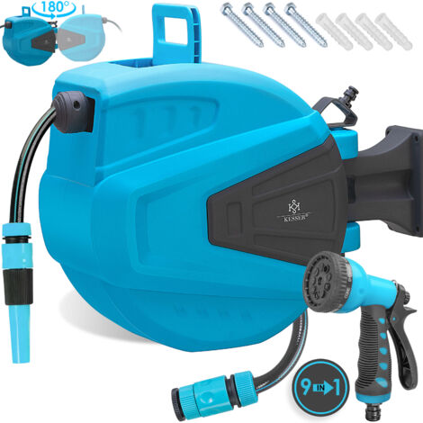 KESSER® Enrollador de manguera Enrollador de manguera de agua Incl. distribuidor de 2 vías + ducha manual Enrollador de manguera de agua Automático 180° giratorio Soporte de pared Azul / 30 metros