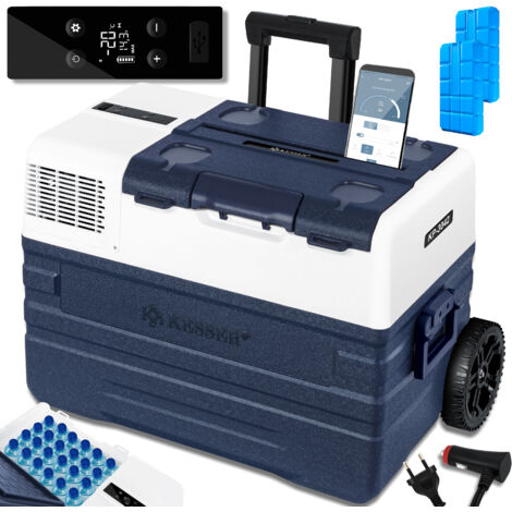 KESSER® Nevera de compresor con congelador eléctrico  Con control APP Conexión USB 12/24 V 230V  + ruedas telescópicas Nevera Refrigeración hasta -20 °C  Azul marino / 42 litros